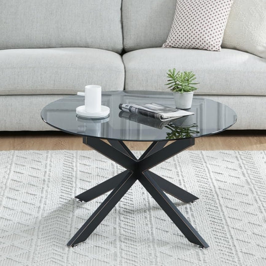 Round Glass Coffee Tables for Living Room, Home Office, Modern & Simple Center Table with Gray Tempered Glass Top, 35.5" Wx19.7 H Black