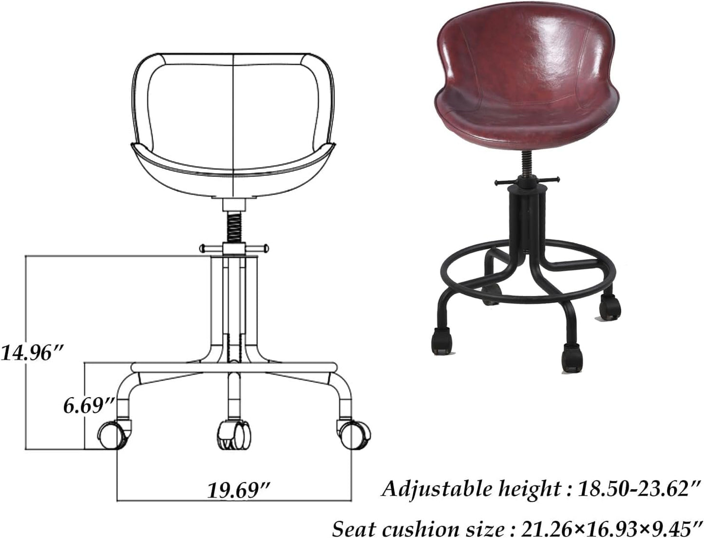 Topower Antique Industrial Design Metal Adjustable Height Kitchen Dining Breakfast Chair Industrial Style Bar Stool Fully Welded Maroon PU Leather Seat