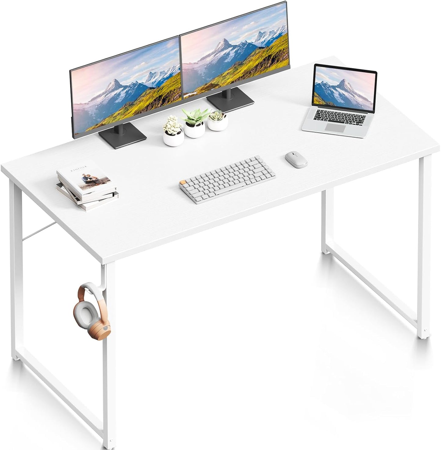 ODK 48 Inches Computer Desk for Small Spaces, Study Table for Home Office, Writing Desk with Headphone Hooks, White