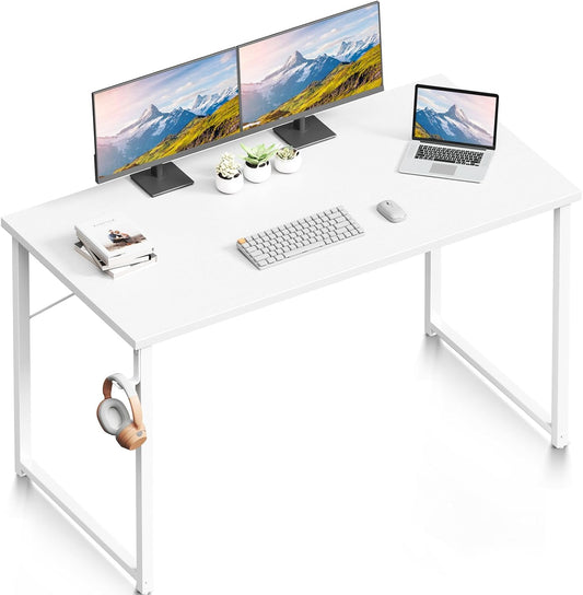ODK 48 Inches Computer Desk for Small Spaces, Study Table for Home Office, Writing Desk with Headphone Hooks, White