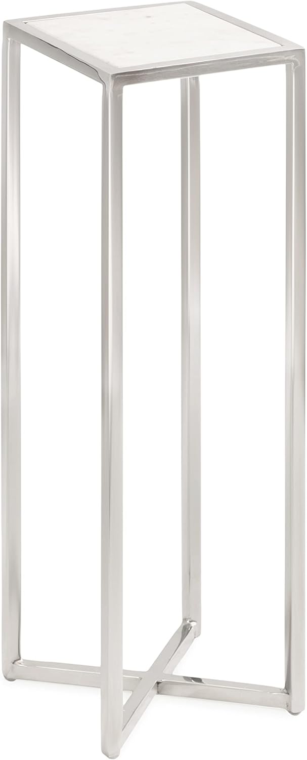Kate and Laurel Jaspur Modern Glam Drink Table, 7 x 7 x 21, White and Silver, Decorative Metal and Marble Accent Martini Cocktail Table for Display and Storage