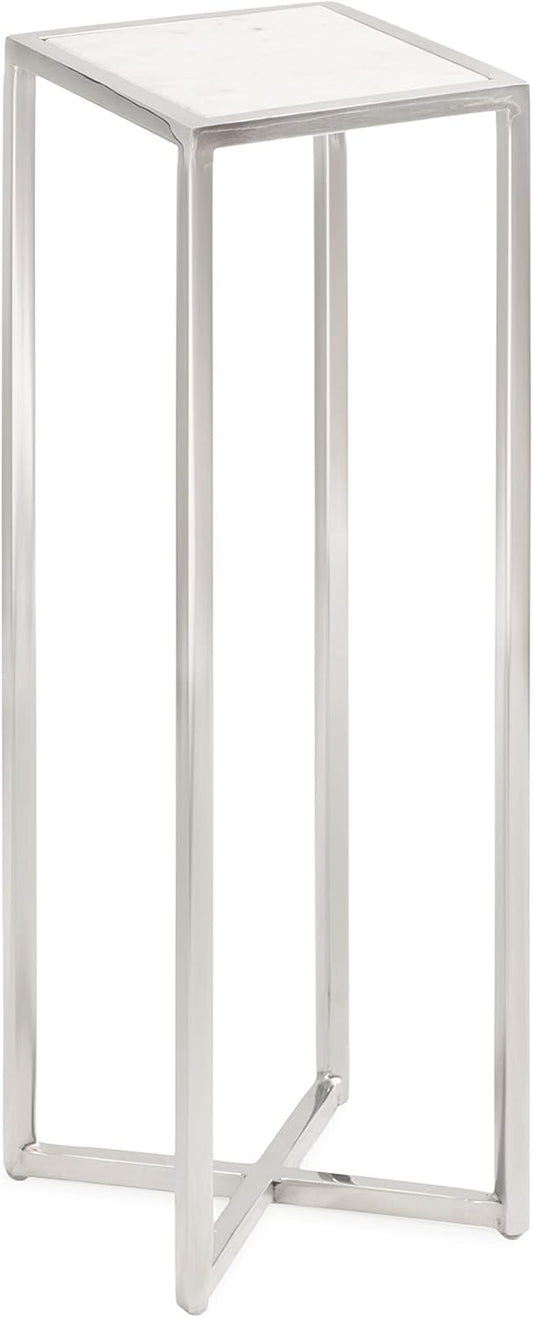 Kate and Laurel Jaspur Modern Glam Drink Table, 7 x 7 x 21, White and Silver, Decorative Metal and Marble Accent Martini Cocktail Table for Display and Storage
