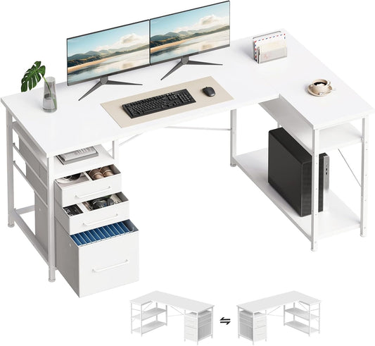 55" Computer Desk with Drawers, Desks for Bedrooms, Writing Desk with Storage, Work Desk for Small Space, White