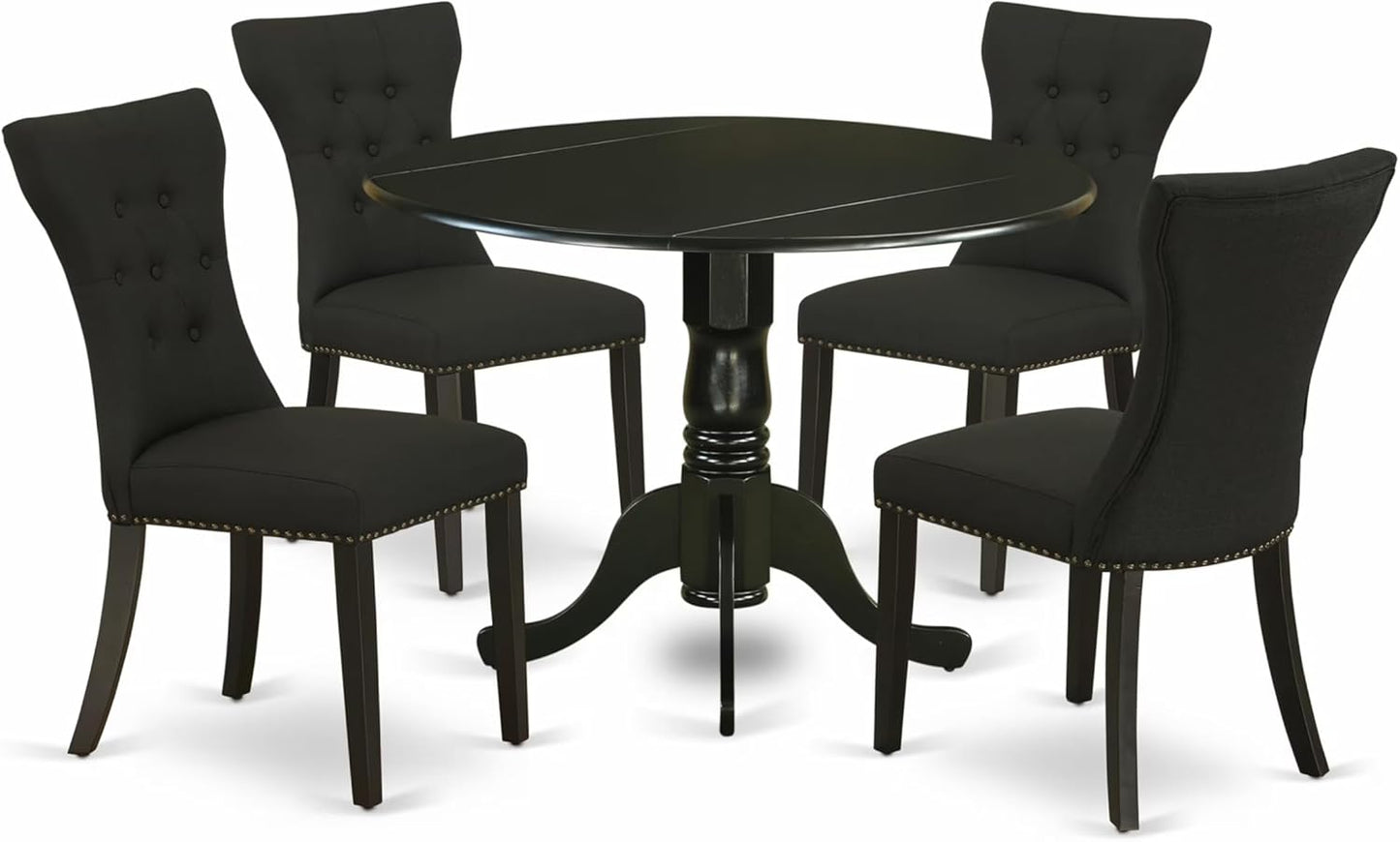 East West Furniture DLGA5-BLK-24 5 Piece Kitchen Table Set for 4 Includes a Round Dining Room Table with Dropleaf and 4 Black Linen Fabric Upholstered Chairs, 42x42 Inch, Black