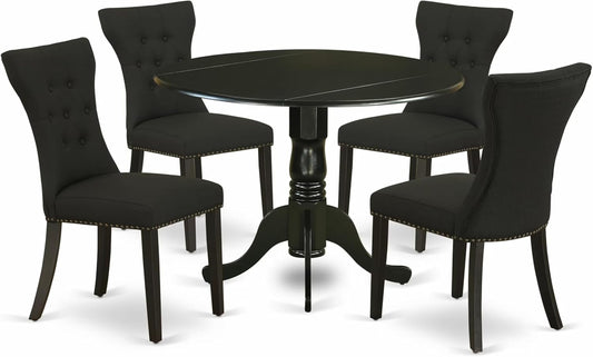 East West Furniture DLGA5-BLK-24 5 Piece Kitchen Table Set for 4 Includes a Round Dining Room Table with Dropleaf and 4 Black Linen Fabric Upholstered Chairs, 42x42 Inch, Black