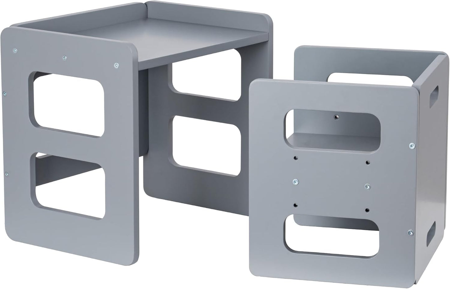 Montessori Weaning Table and Chair Set for Toddler and Baby, Kids Table and Chair Set- Solid Wood Toddler Furniture with Adjustable Height, Step Stool, for 1-3 Year Old Kids - Grey