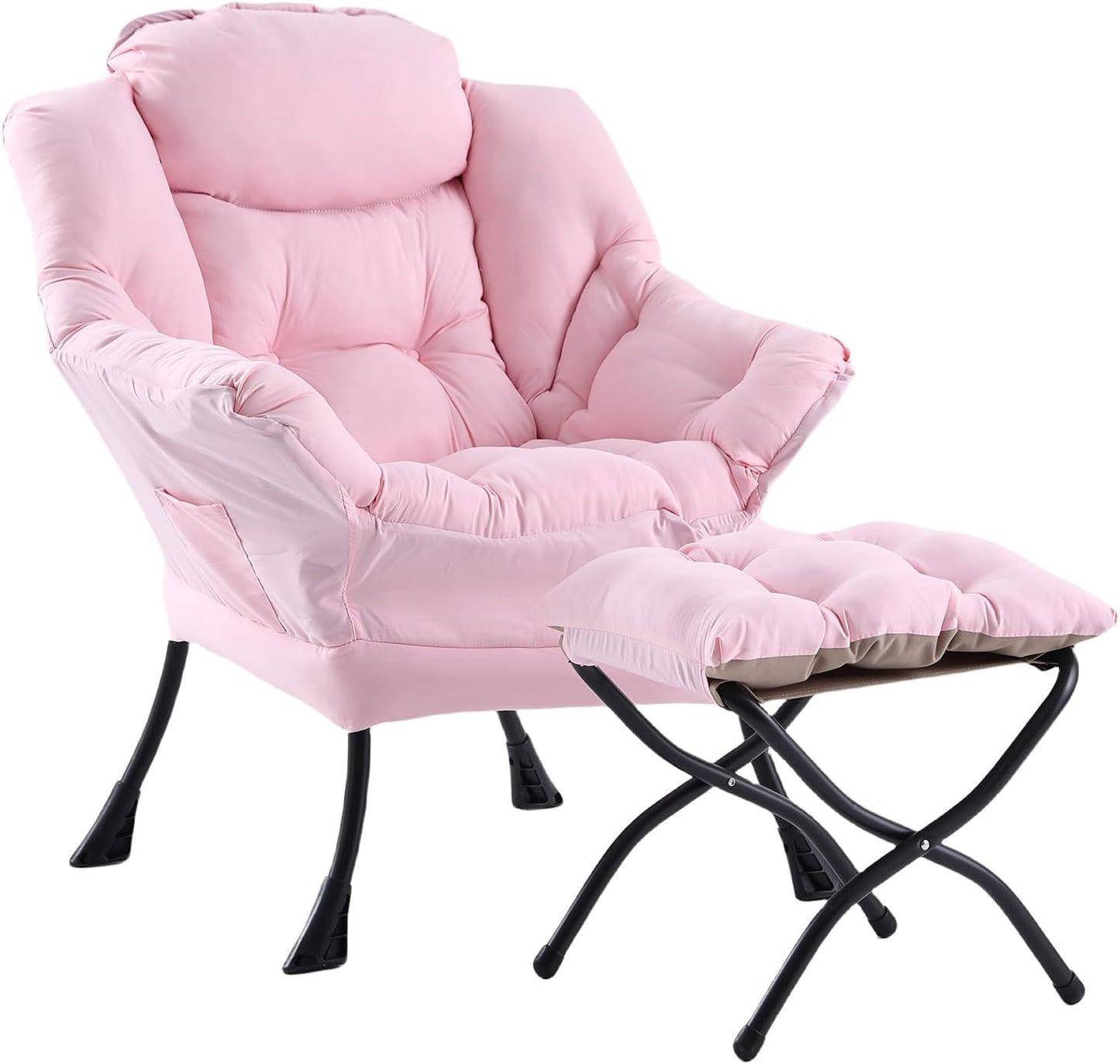 Lazy Chair with Ottoman, Modern Chair with Folding Footrest, Lounge Accent Chair, Comfortable Reading Chair, Oversized Armchairs for Bedroom, Study, Living Room, Courtyard (Pink