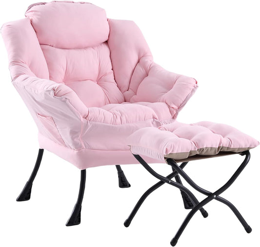 Lazy Chair with Ottoman, Modern Chair with Folding Footrest, Lounge Accent Chair, Comfortable Reading Chair, Oversized Armchairs for Bedroom, Study, Living Room, Courtyard (Pink