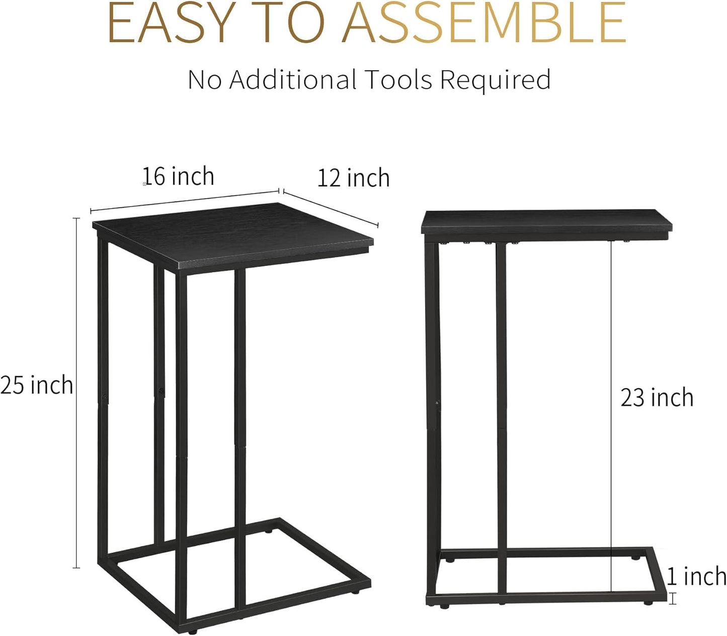 C Shaped Side Table Set of 2, Skinny Sofa Table for Sofa and Bed, Couch Tables That Slide Under, Small End Tables for Living Room, Bedroom or Small Spaces, Black