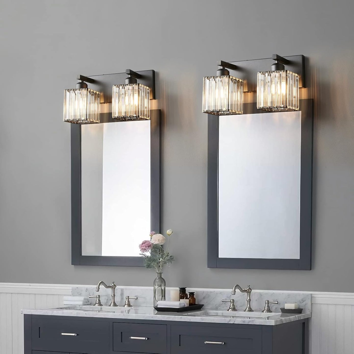 Modern Bathroom Vanity Light 2-Lights Black Crystal Bathroom Wall Light Vanity Light Fixtures，12.59-inch Modern Minimalist Design
