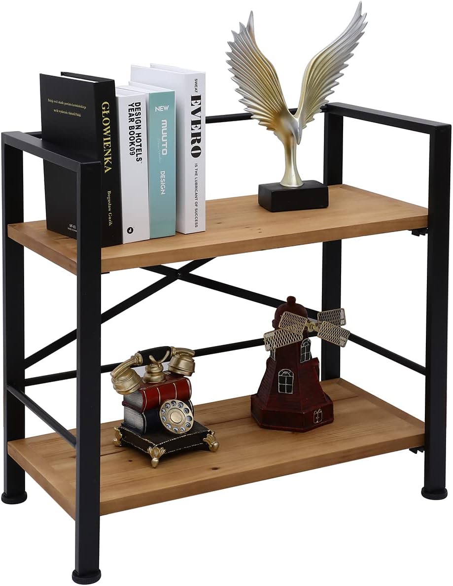 Crofy Rustic Bookshelf, 2 Tier Real Wood Bookshelf, Metal Book Shelf for Storage, Black Bookcase, 12.6" D x 23.62" W x 22.83" H