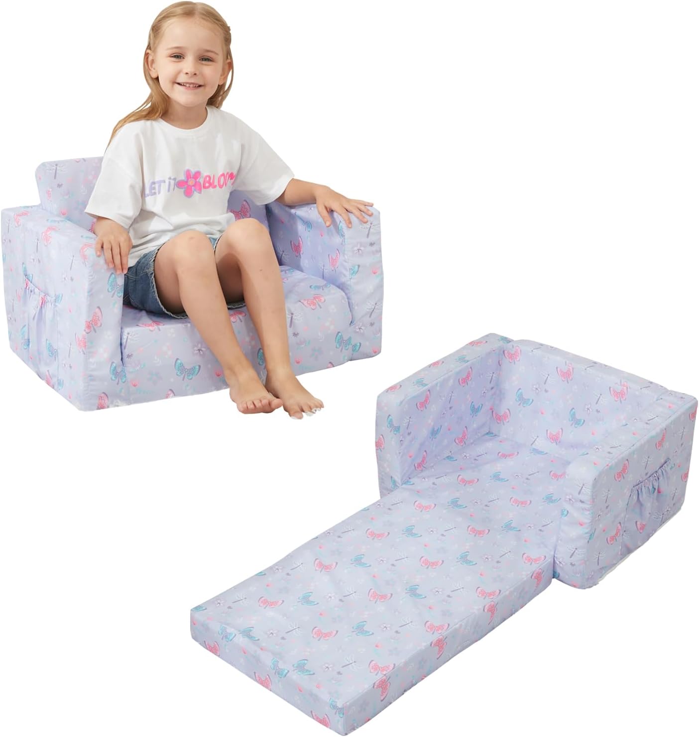 Viviland Kids Chairs for Toddler,2-in-1 Soft Toddler Couch Fold Out,Convertible Soft to Lounger Toddke Chair Comfy for Girls and Boys,Purple Butterfly