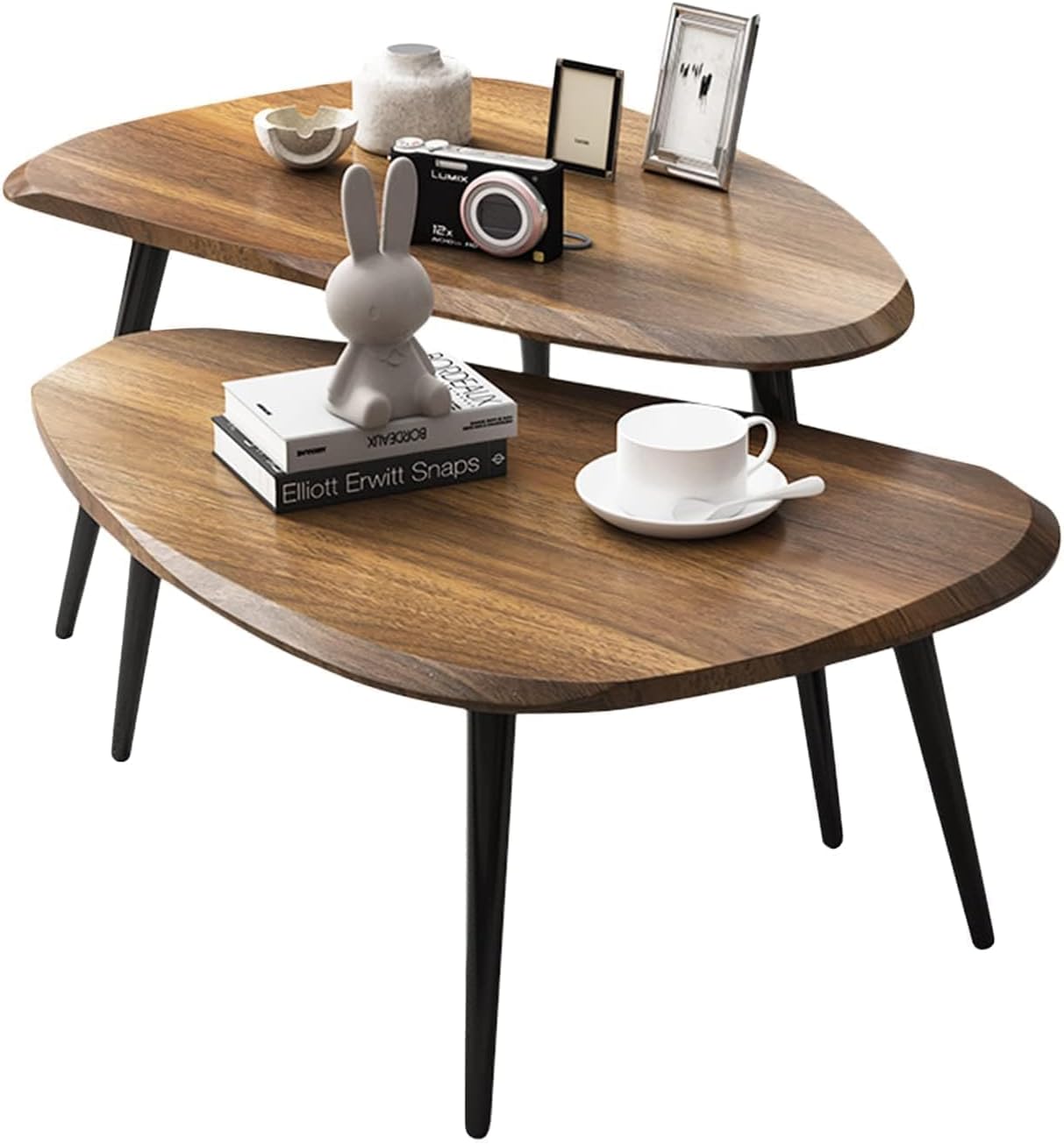 Midcentury Nesting Coffee Table Set of 2, Mid Century Modern Walnut Wood Oval Coffee Tables for Living Room, Compact Coffee Table and Side Table Set for Sofa Bedside Office Balcony or Small Spaces