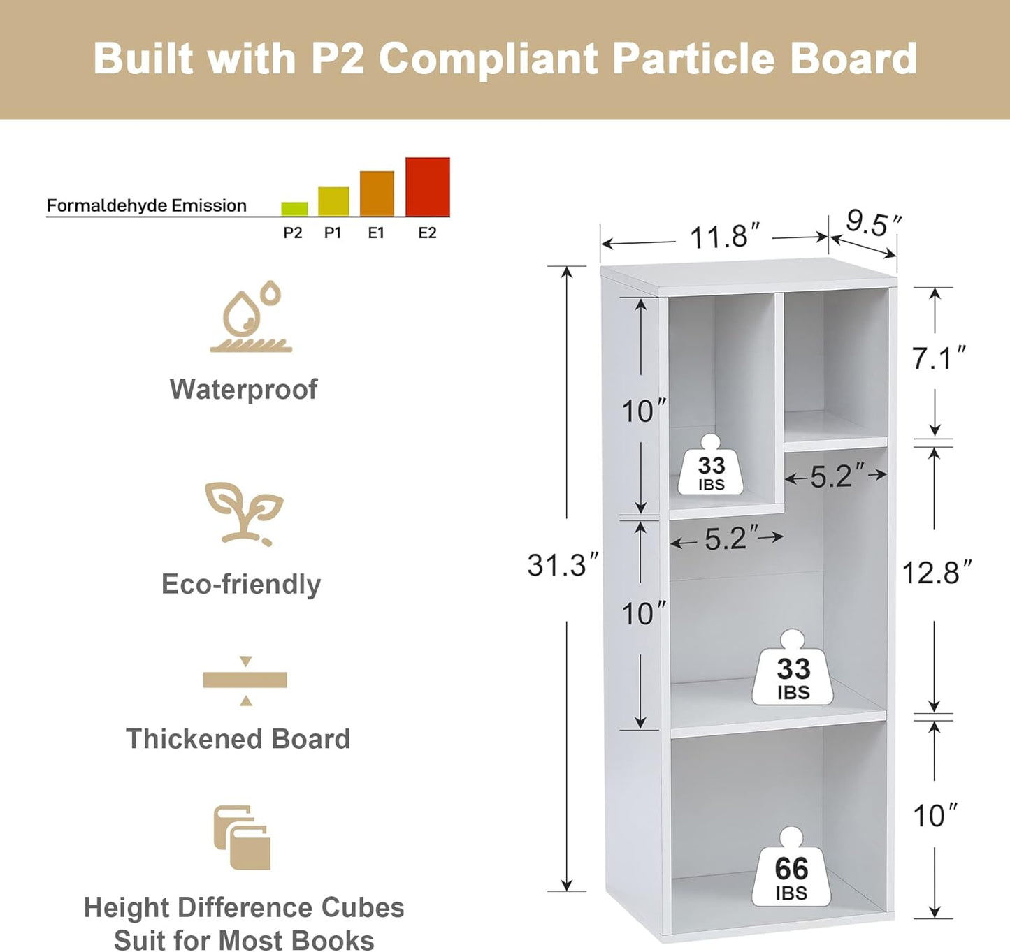 VECELO Small White Bookshelf, 4 Cube Slim Bookcase, Fits Tallest Hardcovers, Horizontal Available, Modern Floor Standing Unit, Each Shelf Hold Up to 66 LBS, Pearl White