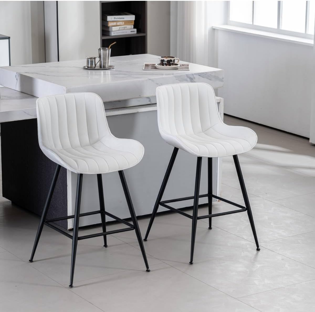 24’’ Bar Stools Set of 2 Modern Barstools White Bar Stools with Fabric Upholstery Counter Height Bar Stools with Low Back Stools for Kitchen Counter, Bar, Pub, Cafe (White).