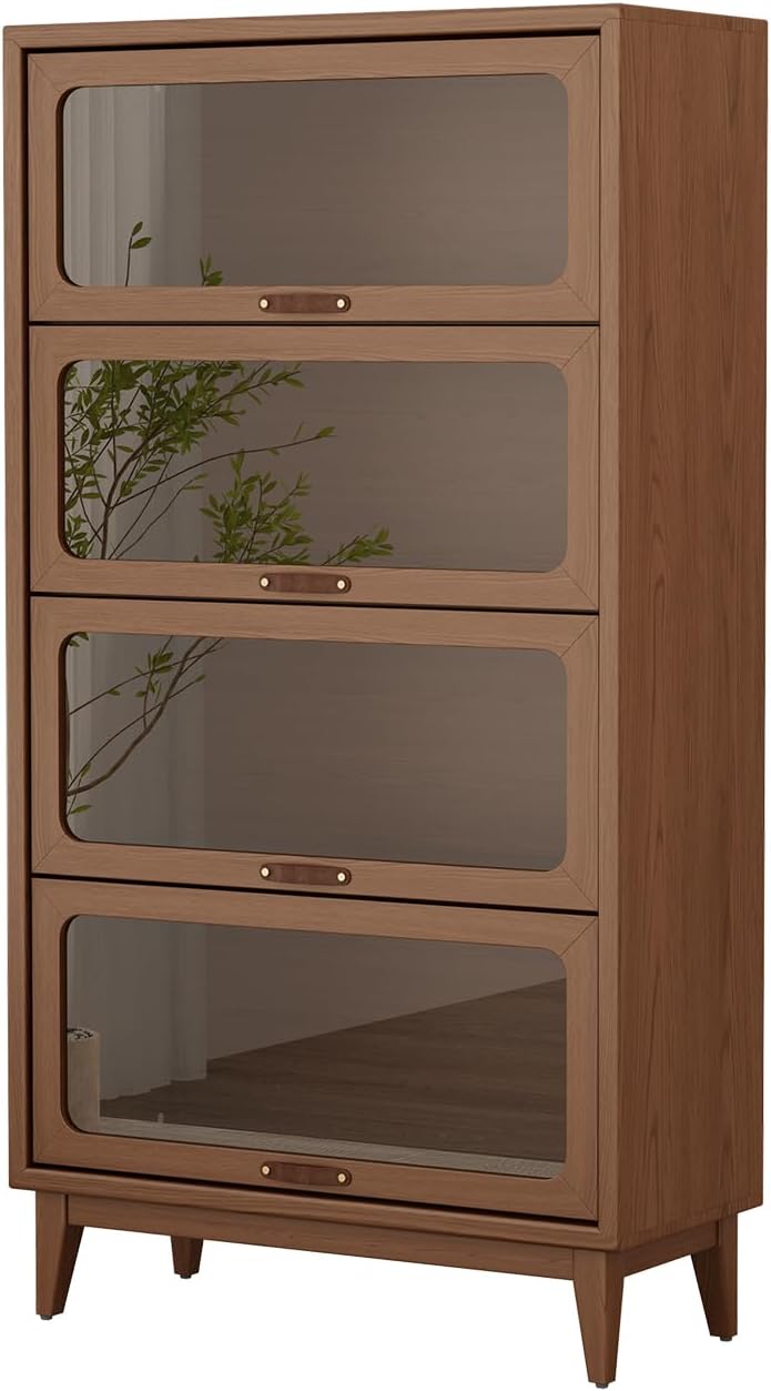 Solid Wood Bookcase 4-tire with Tempered Glass Flip-Up Doors,60Hx32Dx13.7W Bookshelves Finish Cube Storage Organizer,Bookshelf Versatile Pantry Cabinet for Living Room Home Office