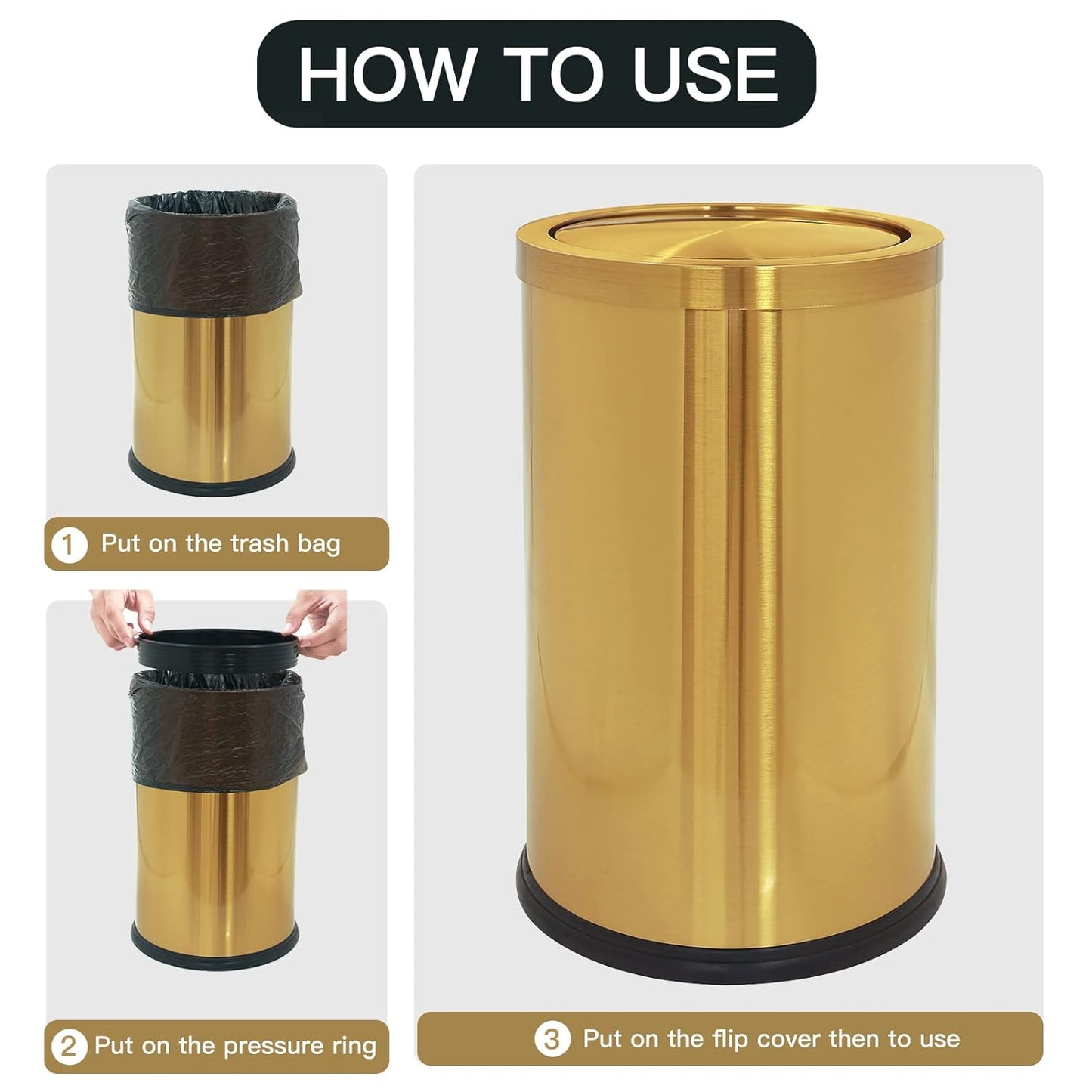 2.6 Gallon Gold Bathroom Trash can with lid,Small Office Garbage can Wastebasket bin for Bedroom,Living Room,Kitchen (Gold)