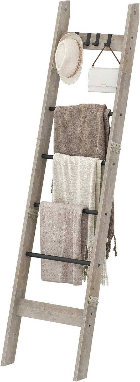 Blanket Ladder for Living Room, Decorative Quilt Rack with 4 Removable Hooks, 6-Tier Farmhouse Ladder Holder Shelf Organizer for Bedroom, Greige and Black BR31505B