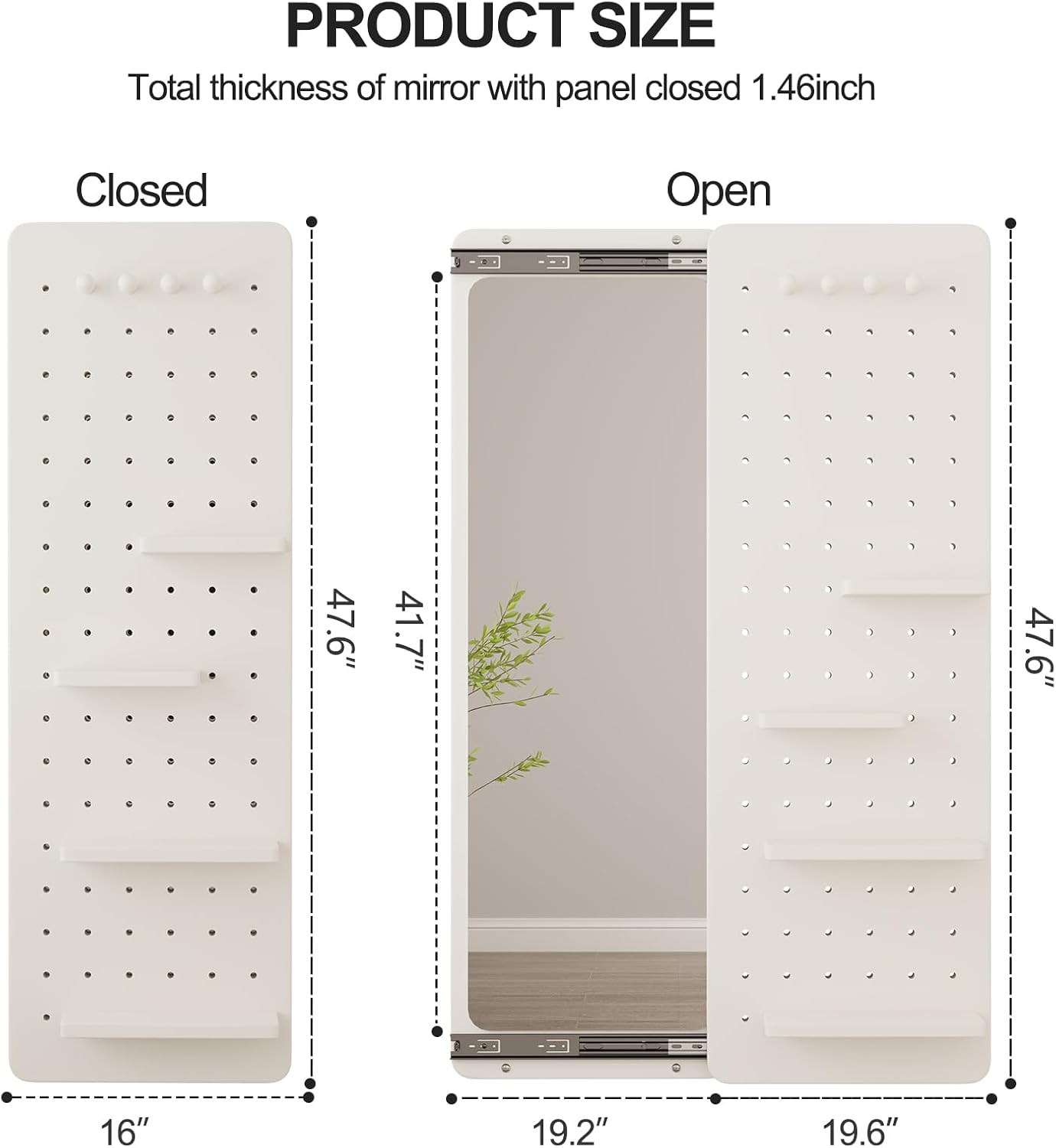 KungFuWood Full Length Mirror with Shelf and Hooks,Entry Way Mirrors for Wall,Wall Mirror with Shelf,Wall Mirror with Storage Multifunctional Design Panel,Living Room