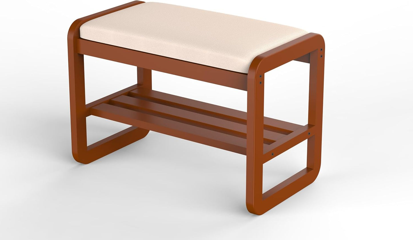 Solid Wood Shoe Rack, 2 Tier Shoe Storage Bench with Cushion Seat, 6 Pair Shoe Organizer for Entryway, Small, Cherrywood, 24 Inch