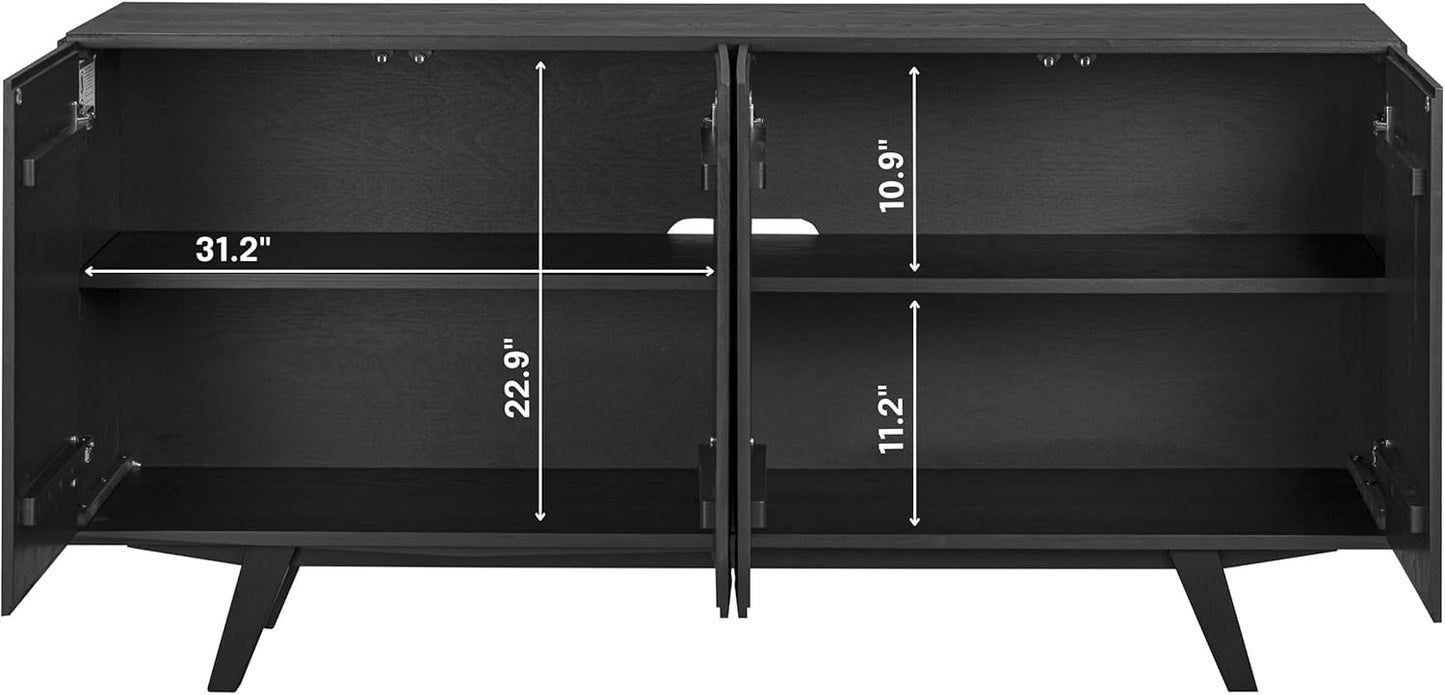 NTC Sapa Mid-Century Modern Solid Wood Sideboard – 4-Door Accent Buffet Cabinet with Carved Geometric Fronts, for Living Room, Dining Room, or Entryway, Effortless Assembly, Burnt Black