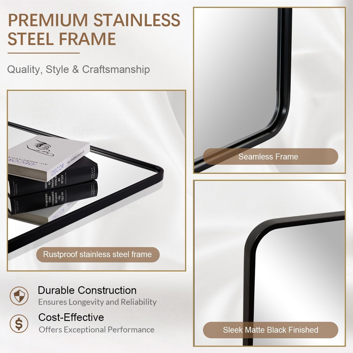 ANDY STAR 48X36 Inch Black Bathroom Mirror, Matte Black Vanity Mirrors for Wall, Rounded Rectangle Mirror for Bathroom, Seamless Tube Metal Frame, 1’’ Deep Wall Mounted Vertical/Horizontal