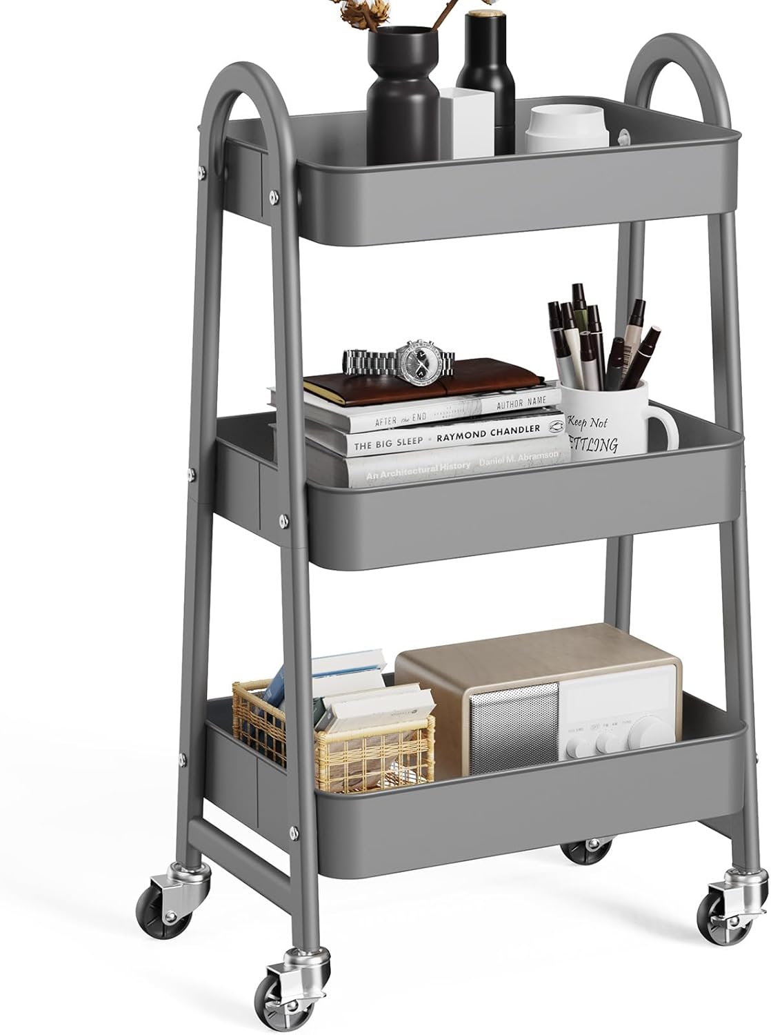 OLIXIS 3 Tier Utility Rolling Cart, Metal Mobile Storage Shelf with Lockable Caster Wheels, Organization for Livingroom, Bathroom, Kitchen, & Narrow Places, Gray