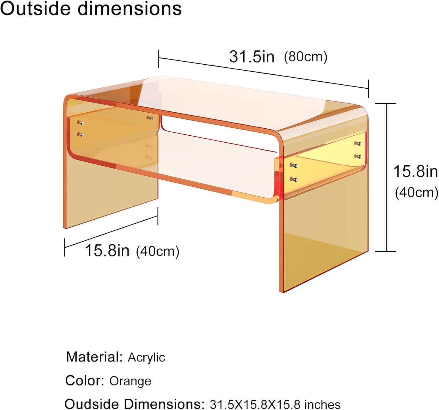 Acrylic Coffee Table, Orange Rectangle Acrylic Side Table Furniture, Modern Tea Table with Open Storage, Acrylic End Table for Living Room, Office Reception and Bedroom