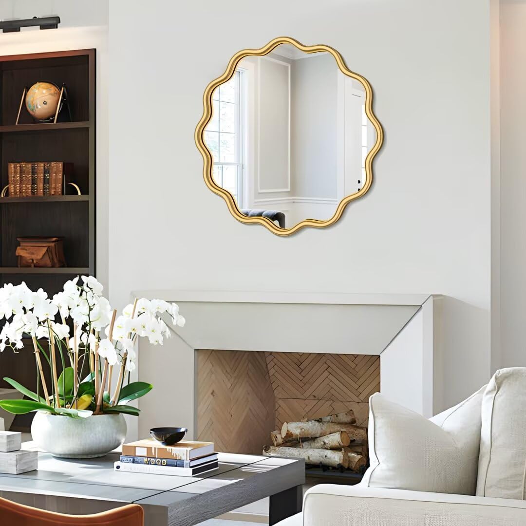 PROHOMEWARE Gold Round Mirror 20 Inch Wavy Bathroom Vanity Mirror Gold Frame Modern Wall Mirror Decorative Wall-Mounte Anti-Rust, Tempered Glass