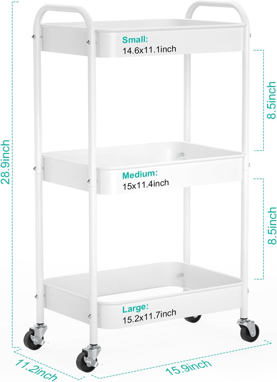 3-Tier Rolling Metal Storage Cart with Wheels, Multi-Functional Organizer for Office, Kitchen, Bathroom, Books Diapers - Easy Assembly (White)
