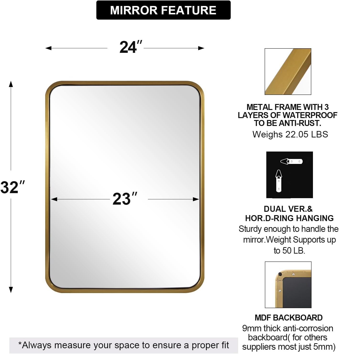 ANDY STAR 24x32 INCH Gold Bathroom Mirror, Brushed Brass Mirror, Rounded Rectangle Mirrors, Anti-Rust SUS304, Tube Metal Framed, 1’’ Deep Wall Mounted Vertically/Horizontal