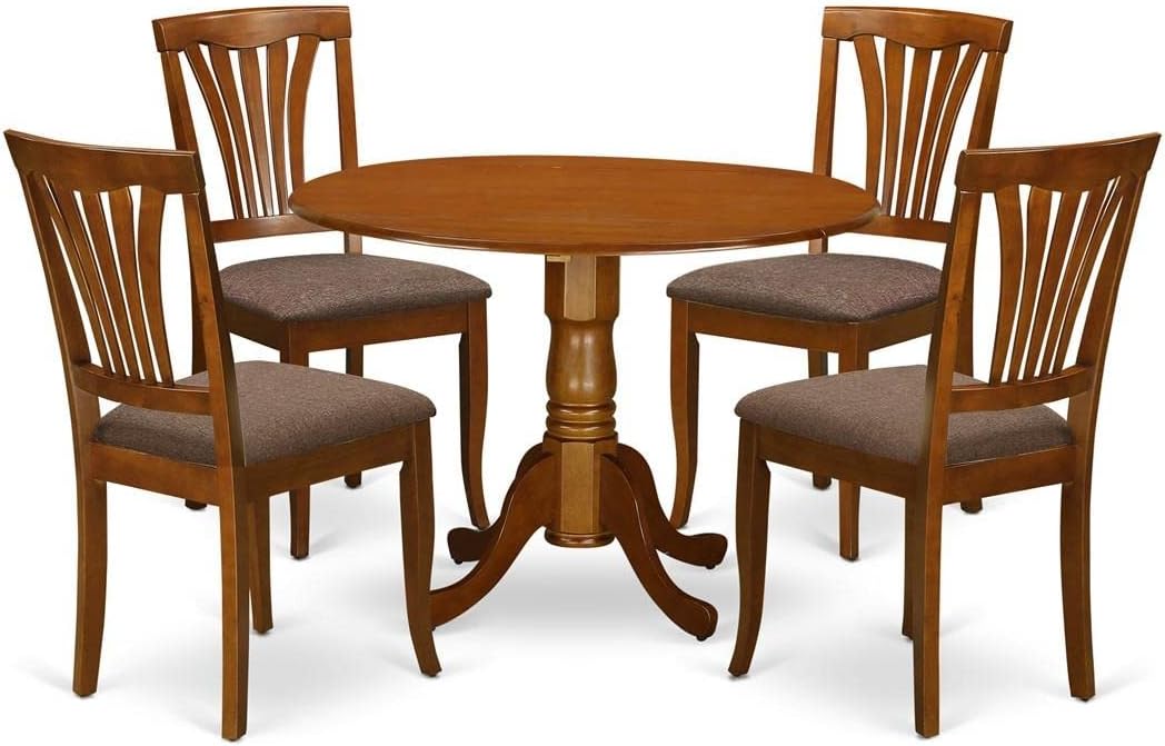 East West Furniture DLAV5-SBR-C 5 Piece Dinette Set for 4 Includes a Round Dining Table with Dropleaf and 4 Linen Fabric Dining Room Chairs, 42x42 Inch, Saddle Brown