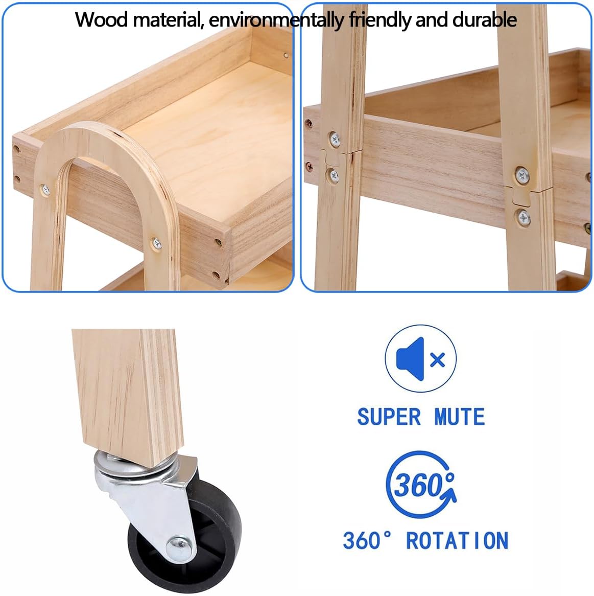 3-Tier Rolling Craft Cart, light-colored wood, Sturdy, Waterproof, with Wheels, for Kitchen, Bathroom, Laundry