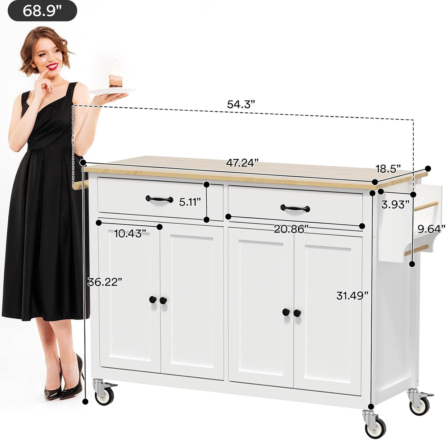 Rovibek Kitchen Island on Wheels Large in Rolling Island Wood Mobile Portable Kitchen Islands White with Drawers Cabinet Spice Rack Towel Rack Storage Pure White