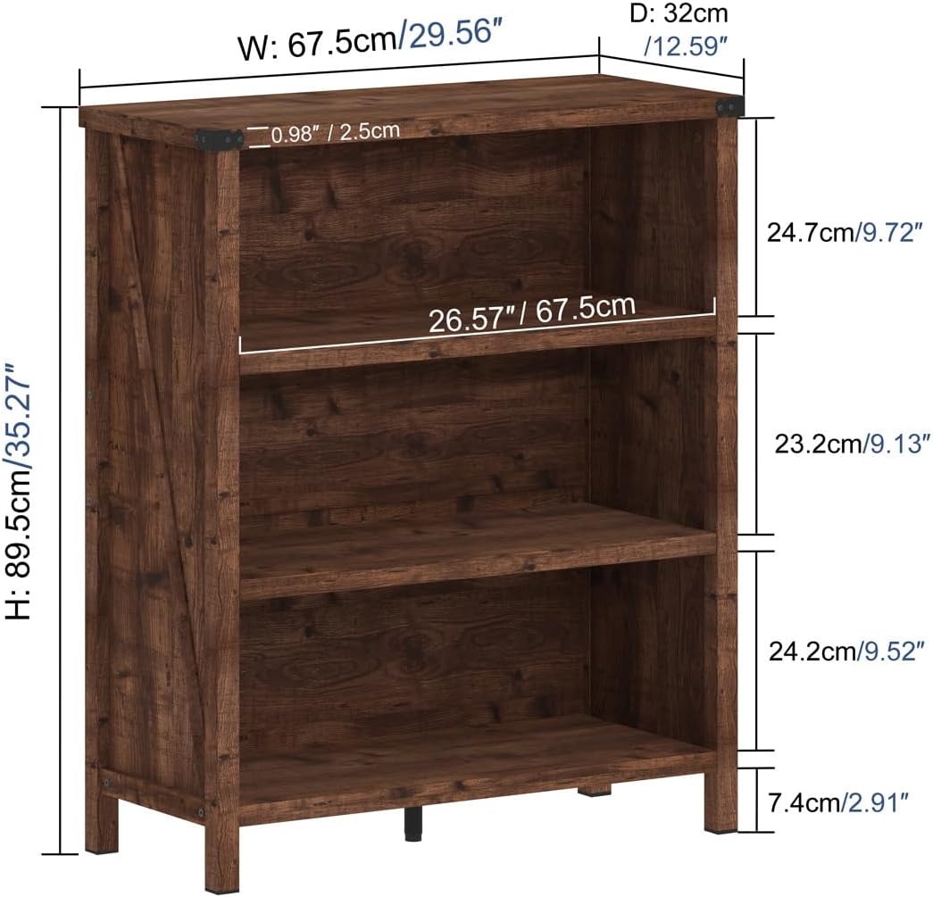 BON AUGURE Rustic Short Bookshelf, 3 Shelf Bookcase, Small Wood Low Book Cases/Shelves, Farmhouse Storage Tier Book Shelves for Home Office, Living Room, Small Space (Rustic Oak)