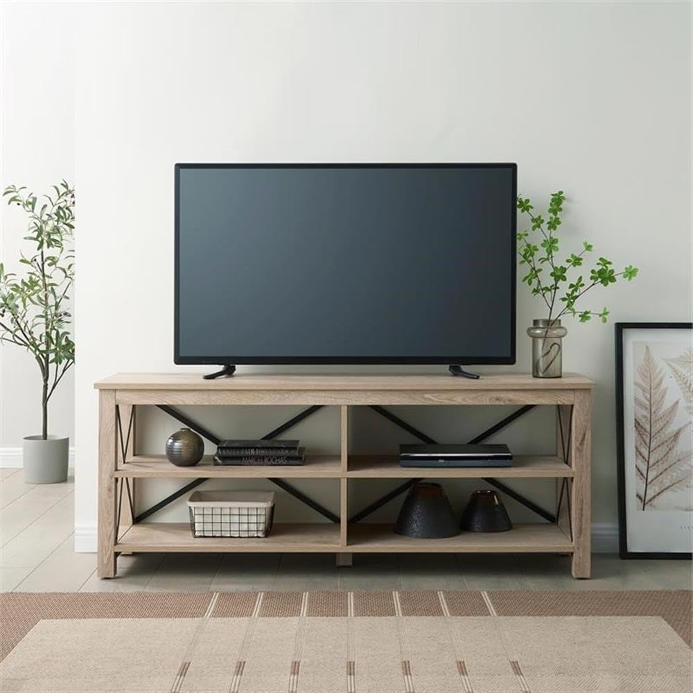 Henn&Hart Rectangular TV Stand for TV's up to 70" in White Oak, Electric Fireplace TV Stands for the Living Room