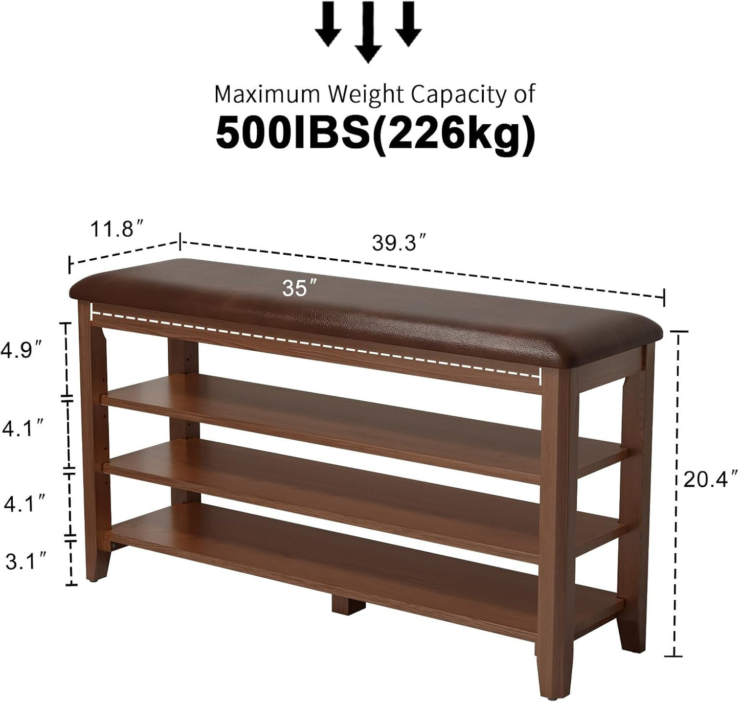 Shoe Bench with Leather Cushion, 3 Tiers Shoe Storage Bench Height Adjustable, Walnut Wood Entryway Bench for Hallway, Mudroom