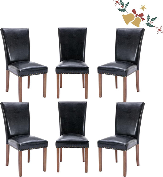 Parsons Dining Chairs Set of 6, Upholstered Nailhead PU Leather Dining Room Kitchen Side Chair with Thick Cushions and Wood Legs, Black