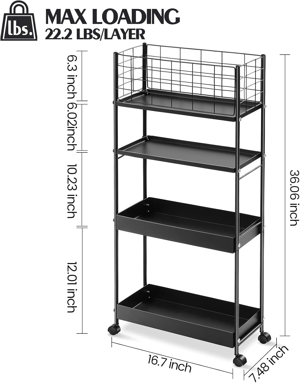 KINGRACK Slim Storage Cart, 4-Tier Metal Utility Rolling Cart with Wheels,Bathroom Organizer, Skinny Rolling Trolley, Mobile Shelving Unit for Office, Laundry Room, Narrow Place, Black