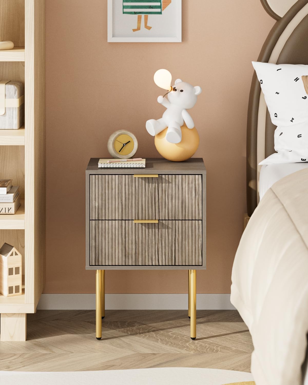 Nightstand,Small Bedside Table with Gold Frame,Morden Night Stand with 2 Drawer,End Table,Side Table with Drawer and Shelf for Bedroom,Living Room (Grey-2Drawer)