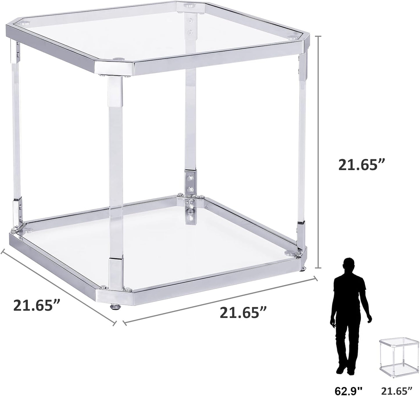 Glass Top Side Table - Silver Square Glass Top End Table Clear Acrylic Nightstand for Living Room Bedside Bedroom