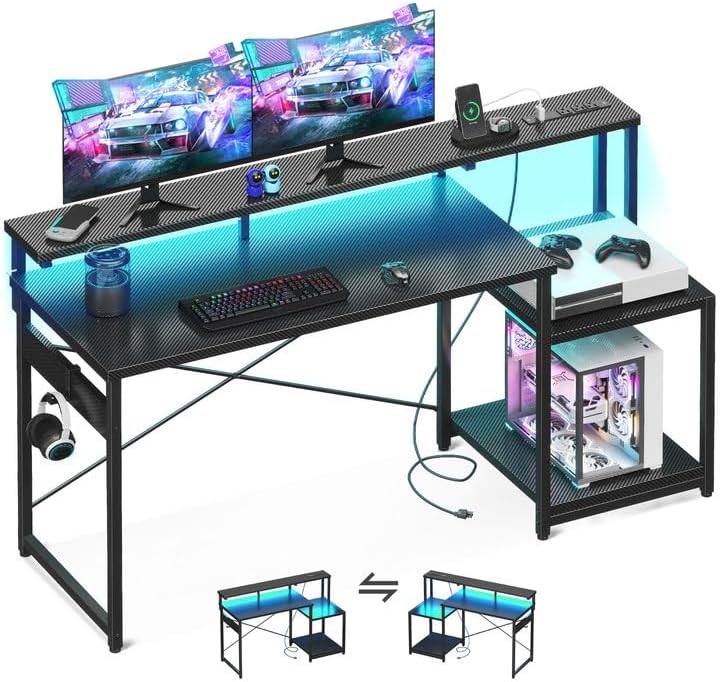 AODK Computer Desk, 56 Inch Gaming Desk with Led Lights & Power Outlet, Office Desk with Storage Shelves, Reversible Desk with Monitor Shelf & Headphone Hook, Carbon Fiber Black