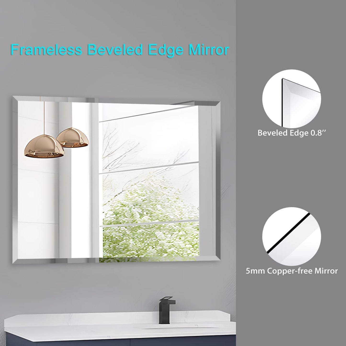 Beveled Mirror, 48"x30" Inch Beveled Frameless Mirror for Bathroom, Rectangular Beveled Edge Bathroom Vanity Mirror, Upgraded Shatterproof Wall Mirror, Hangs Horizontally or Vertically.