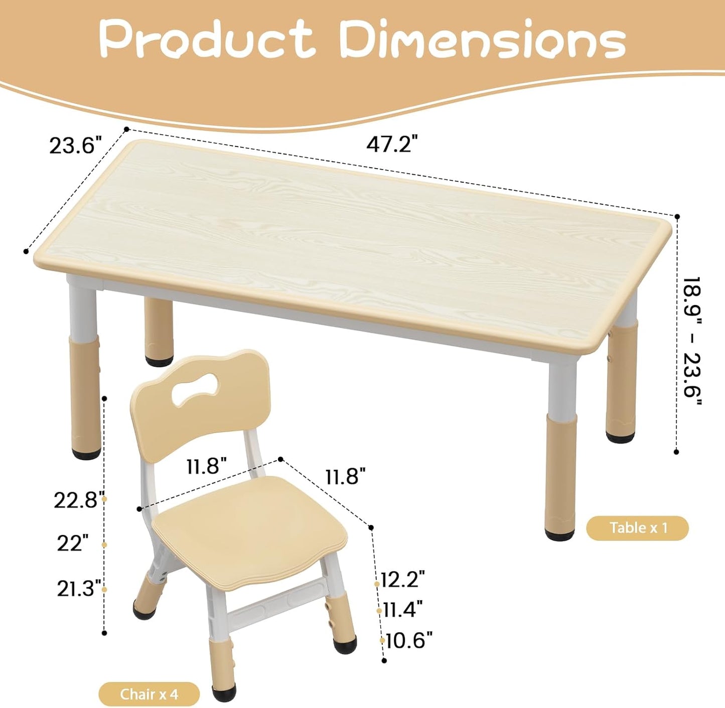 GarveeHome Kids Table and 4 Chairs Set, Height Adjustable Toddler Table and Chair Set for 4, Graffiti Desktop, Non-Slip Children Table for Home Daycare Preschool for Ages 2-8, Beige
