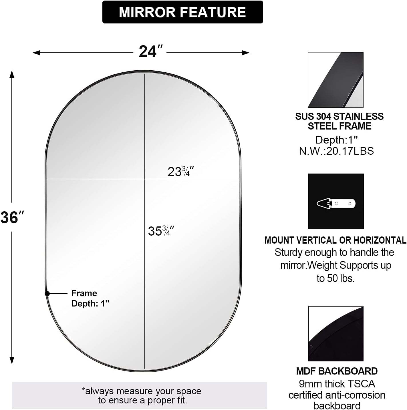 ANDY STAR Black Oval Mirror, 24x36 Oval Black Mirror in Stainless Steel Metal Frame for Bathroom, Entryway, Living Room, Contemporary 1" Deep Set Design Wall Mount Hangs Vertical or Horizontal