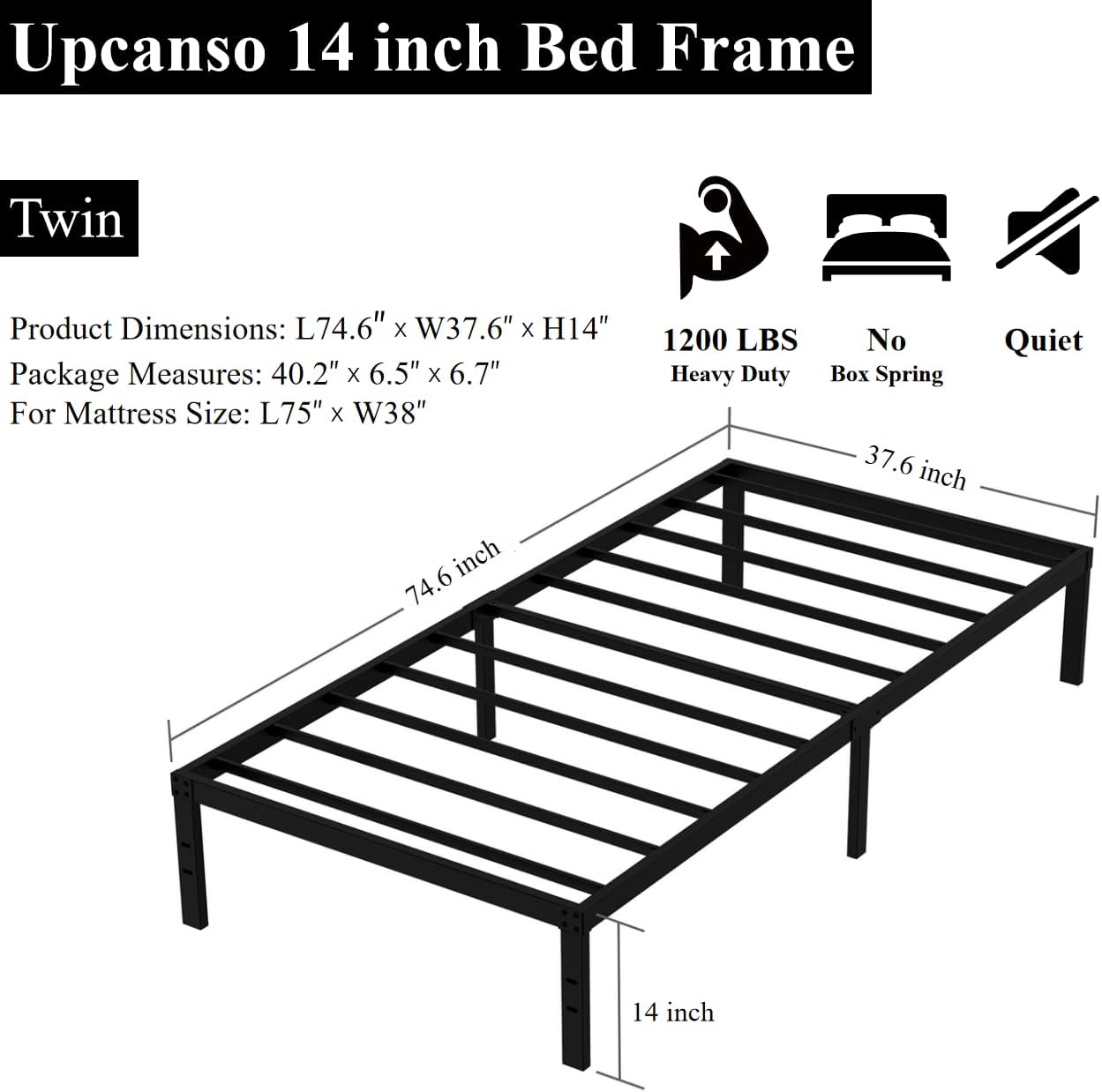 Twin Bed Frame No Box Spring Needed, 14 Inch Heavy Duty Metal Platform Bed Frame Twin Size with Storage, 2500lbs Steel Slats Support, Easy Assembly, Black