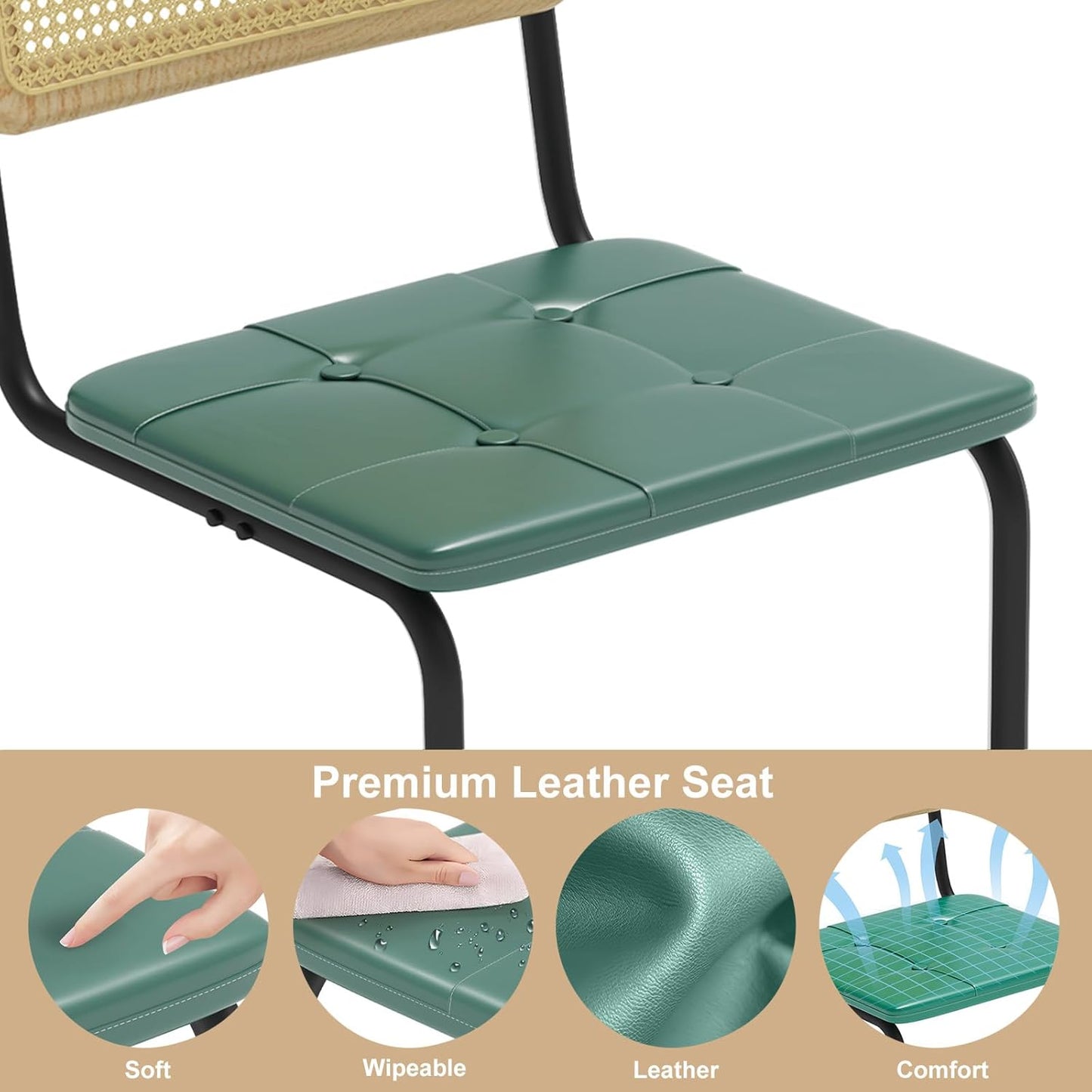 Heavy Duty Rattan Dining Chairs, Modern Dining Room Chairs with Solid Wood Back for Kitchen Living Room, High-end and Durable with Rattan Weaving, Upholstered Faux Leather Green