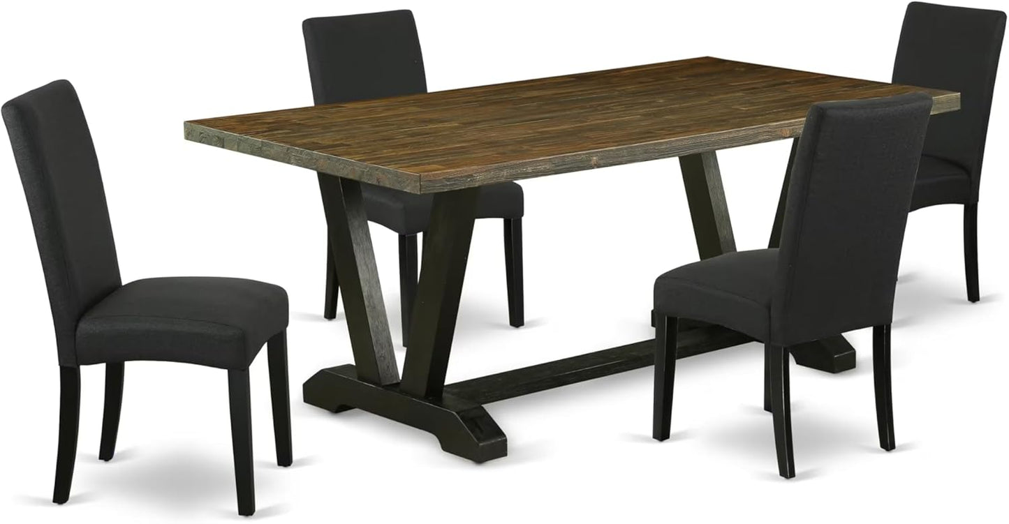 East West Furniture V677DR124-5 5 Piece Dining Room Table Set Includes a Rectangle Kitchen Table with V-Legs and 4 Black Color Linen Fabric Parson Dining Chairs, 40x72 Inch, Multi-Color