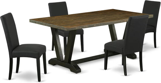 East West Furniture V677DR124-5 5 Piece Dining Room Table Set Includes a Rectangle Kitchen Table with V-Legs and 4 Black Color Linen Fabric Parson Dining Chairs, 40x72 Inch, Multi-Color