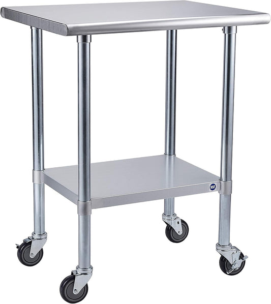 ROCKPOINT Stainless Steel Table for Prep & Work with Caster Wheels 24x30 Inches, NSF Metal Commercial Kitchen Heavy Duty Table with Adjustable Under Shelf and Table Foot for Restaurant, Home and Hotel